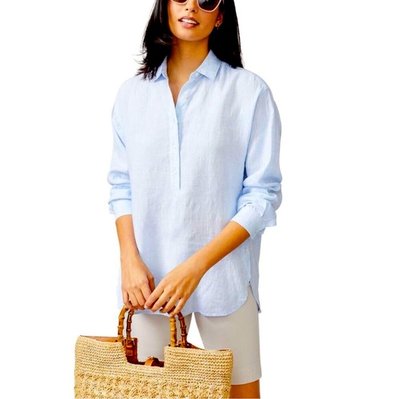 J. McLaughlin Womens Light Blue Fallon 100% Linen Popover Tunic Top Sz Small - Picture 1 of 12